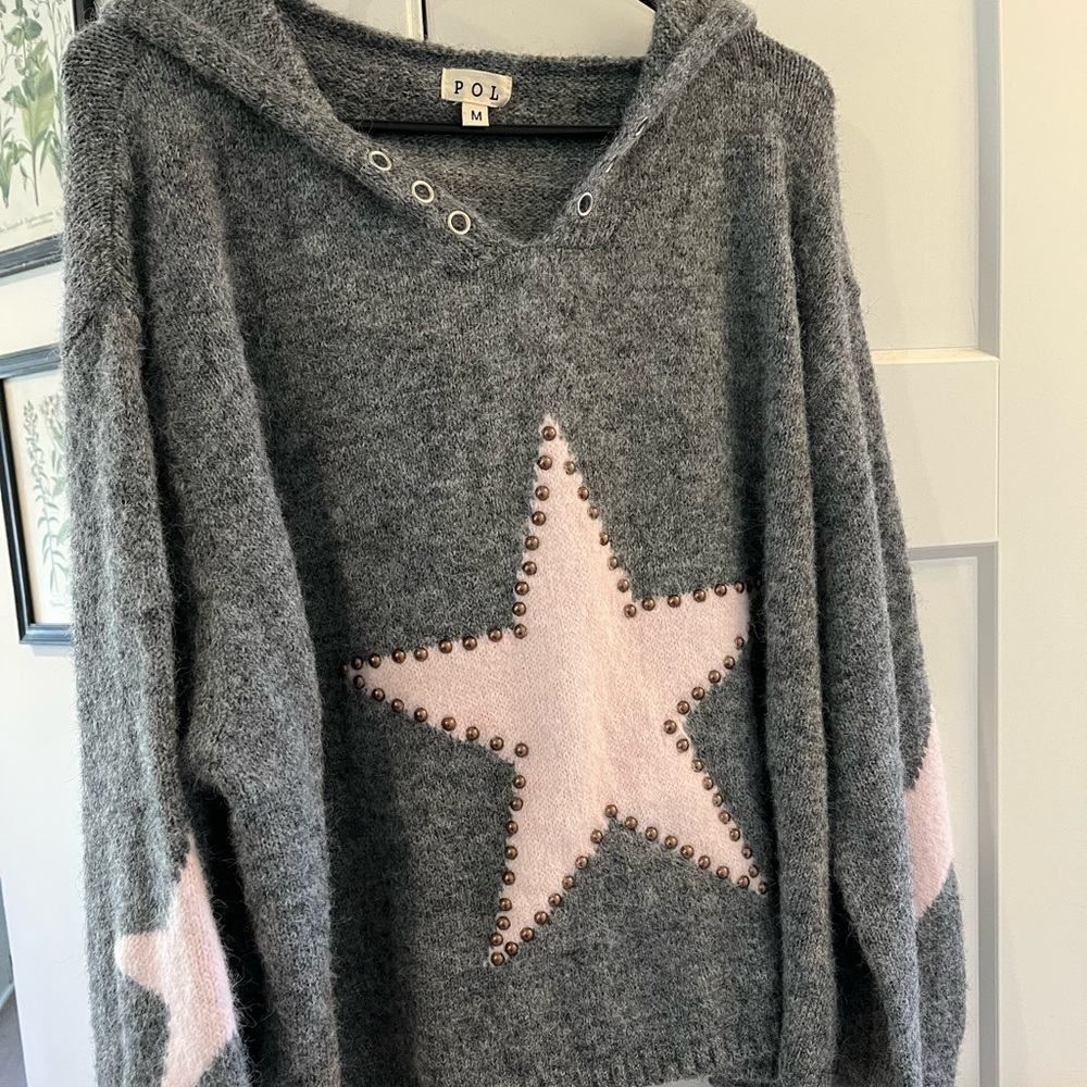 POL Grey Knit Hoodie with Pink Star Stud Accents